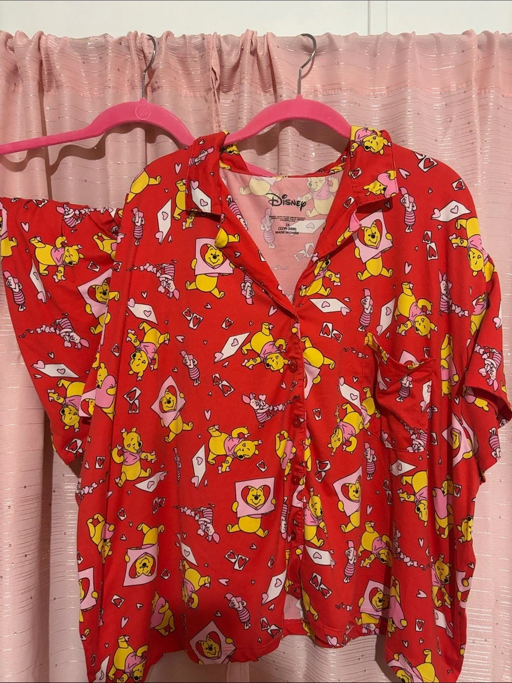Disney Red Winnie the Pooh Button-Down Shirt with Yellow Print